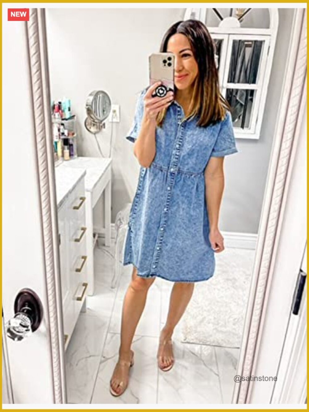 Short Sleeve Button Down Flowy Tiered Babydoll Denim Dress - Picture 2 of 7